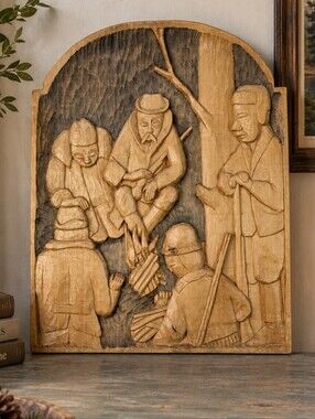 Hand Carved Wood Folk Art Wall Plaque Campfire Scene Cabin Decor Rustic Decor